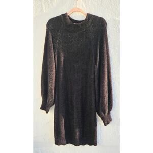 Y2K Sweater Dress Medium Black Fuzzy Soft Cozy Balloon Sleeve Goth Dark Academia